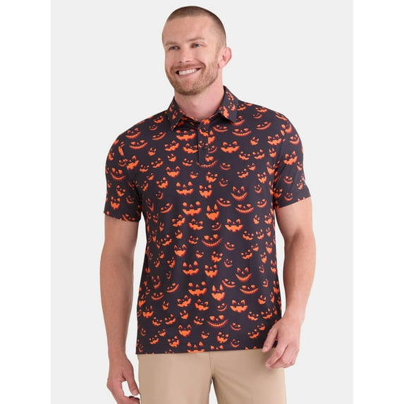 Birdie Bound Men's and Big Men's Jack O Lantern Halloween Print Polo, Sizes S to 5XL