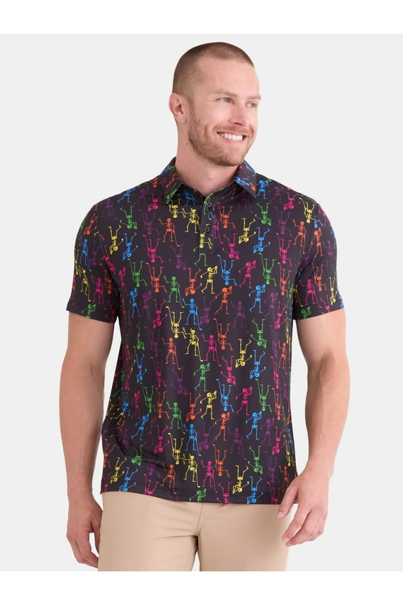 Men's and Big Men's Halloween Neon Skeletons Golf Polo Shirt with Short Sleeves, Sizes S-5XL