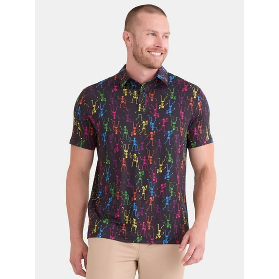 Birdie Bound Men's and Big Men's Halloween Neon Skeletons Golf Polo Shirt with Short Sleeves, Sizes S-5XL