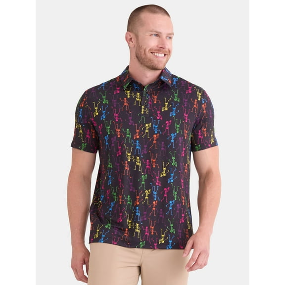 Birdie Bound Men's and Big Men's Halloween Neon Skeletons Golf Polo Shirt with Short Sleeves, Sizes S-5XL