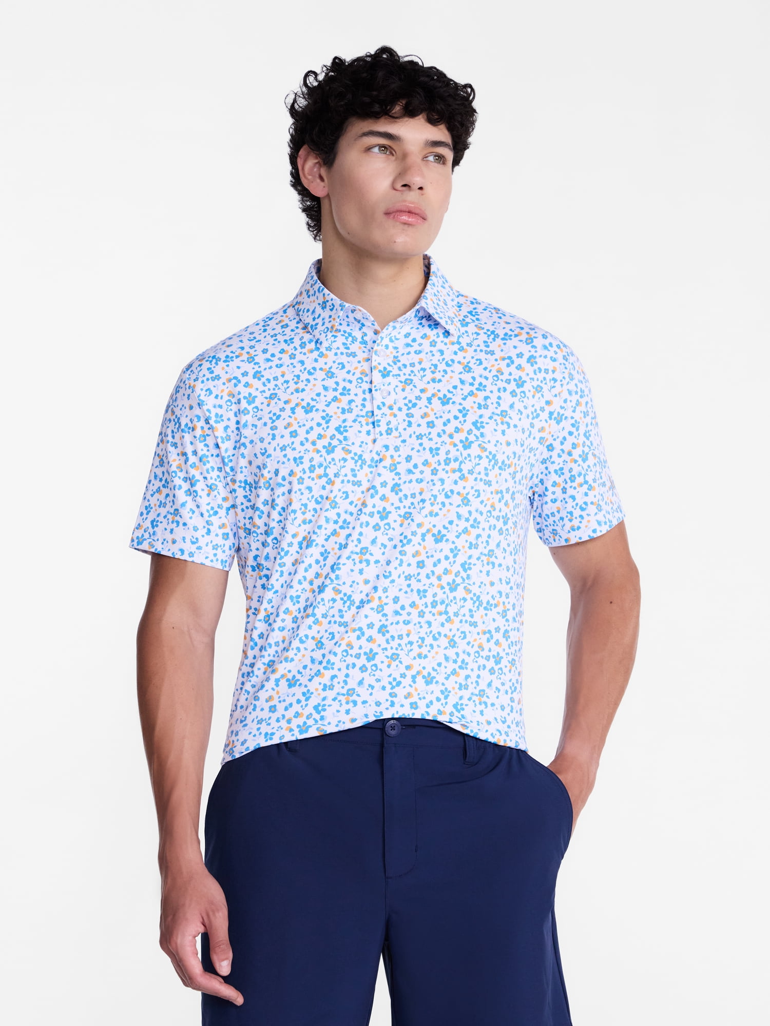 Birdie Bound Men's and Big Men's Ditsy Leopard Floral Golf Polo Shirt, Sizes XS-4XLT