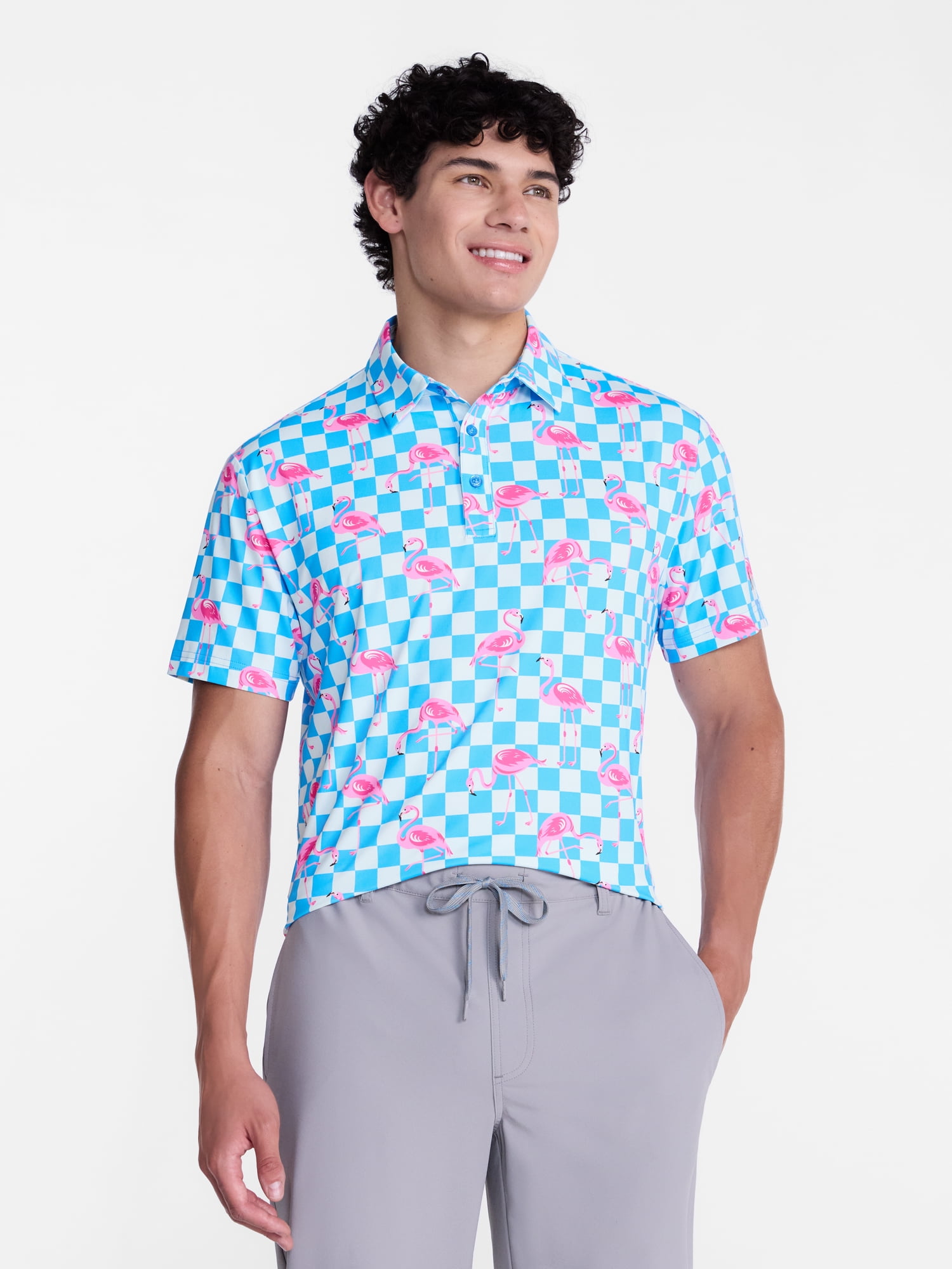 Birdie Bound Men's and Big Men's Printed Checkerboard Flamingo Polo Shirt, Sizes XS-4XLT