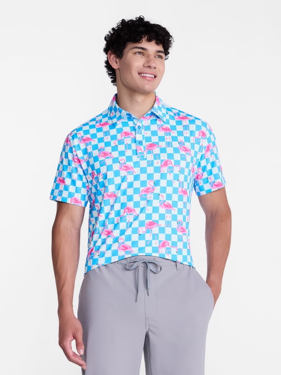 Men's and Big Men's Printed Checkerboard Flamingo Polo Shirt, Sizes XS-4XLT