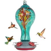 Birdkiss 25 Fl.oz Hummingbird Feeder for Outdoors Hanging, Hand-Blown Glass Hummingbird Feeder Include Stainless Iron Base/Cleaning Brush/Hanging Wires/Moat Hook/S-Hook, Blue