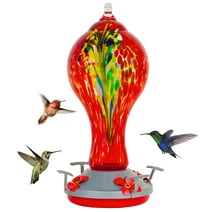 Birdkiss 25 Fl.oz Hummingbird Feeder for Outdoors Hanging, Hand-Blown Glass Hummingbird Feeder Include Stainless Iron Base/Cleaning Brush/Hanging Wires/Moat Hook/S-Hook, Red