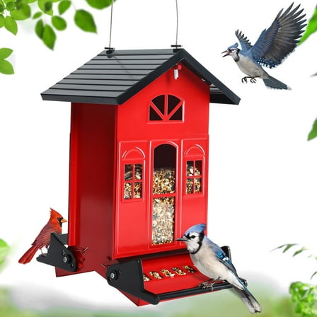 Birdkiss 5lbs Squirrel-Proof Wild Bird Feeder with Bilateral Weight-Activated Perches, 14 Feeding Ports, Outdoor Bird Feeder for Garden Yard Outside, Red