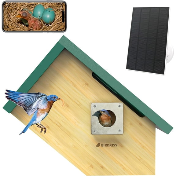 Birdkiss Smart Bird Houses for Outside Solar Powered, 1080P HD Live View Bird House with Camera, Perfect Viewing Bird Nesting and Hatching, Ideal Outdoors Bird House, Green