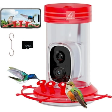 Birdkiss Hummingbird Feeder with Camera, Bird Watching Camera with AI Identify Hummingbird Species, Ant Moat, Bee Proof, 32 Ounces, Gifts for Family Birdlover, Red