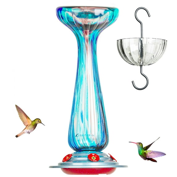 Birdkiss 28 oz Hand Blown Glass Hummingbird Feeders with Ant Moat Hook, Garden Backyard Patio Decor