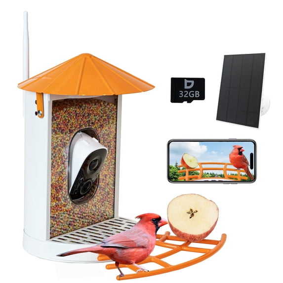 Birdkiss Smart Bird Feeder with Camera, Metal Squirrel Proof Bird Watching Cameras with AI Identification & Solar Panels, Gifts for Bird Lovers, Orange