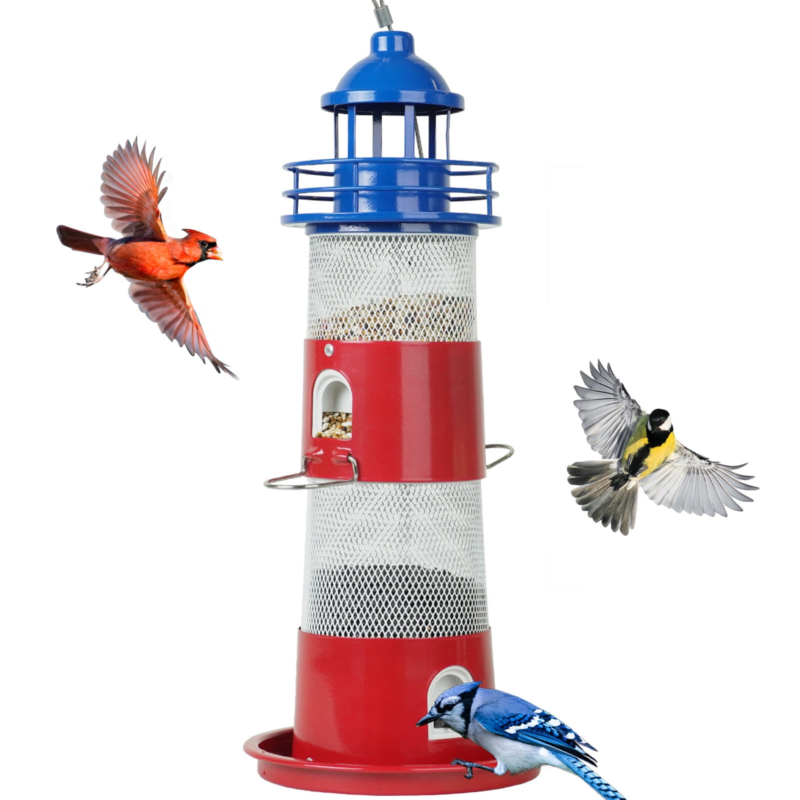 Birdkiss Wild Bird Feeder for Outdoors Hanging, Metal Squirrel-Proof Bird Seed Feeder with 4 lbs Large Capacity Layerable for Cardinal, Finch, Sparrow, Blue Jay - Blue & Red