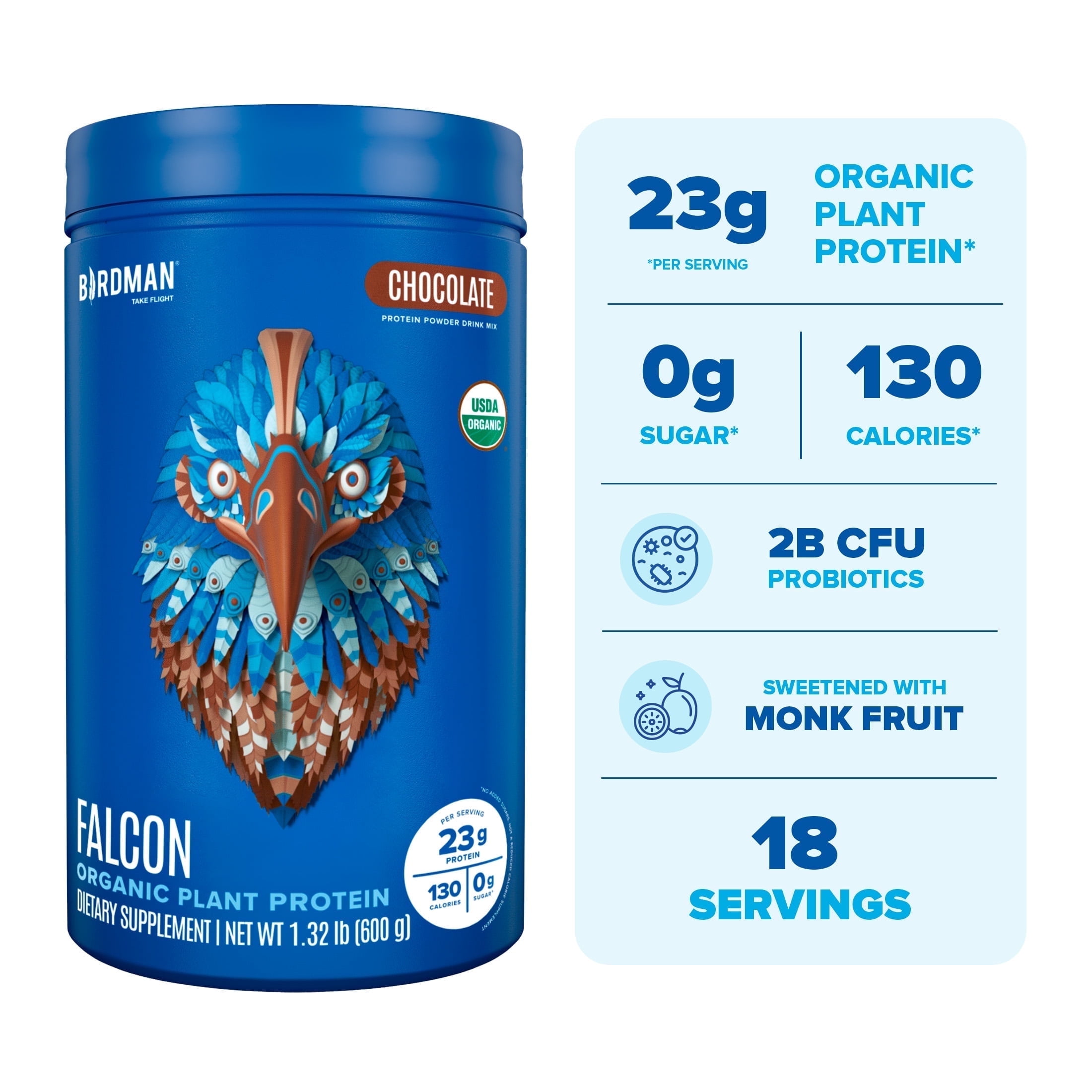 BIRDMAN Falcon Organic Vegan Protein Powder, Stevia & Sugar Free, Chocolate, 18 Servings, 1.32lbs