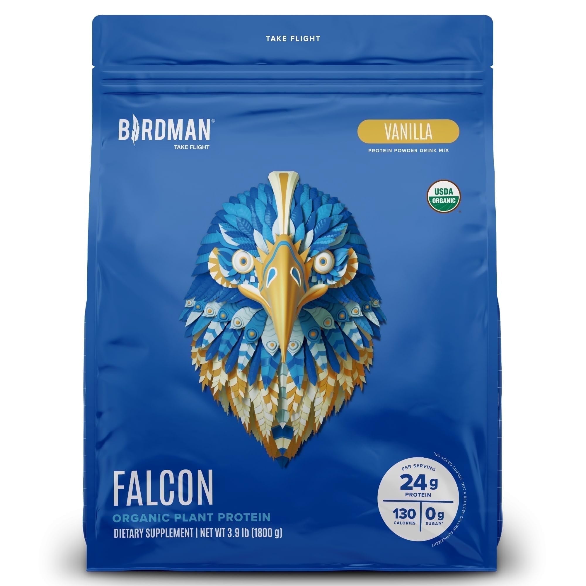 BIRDMAN Falcon Organic Vegan Protein Powder, Stevia & Sugar Free, Vanilla, 60 Servings, 3.9lb