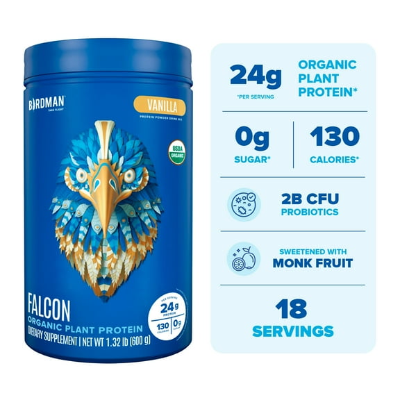 BIRDMAN Falcon Organic Vegan Protein Powder, Stevia & Sugar Free, Vanilla, 18 Servings, 1.32lbs