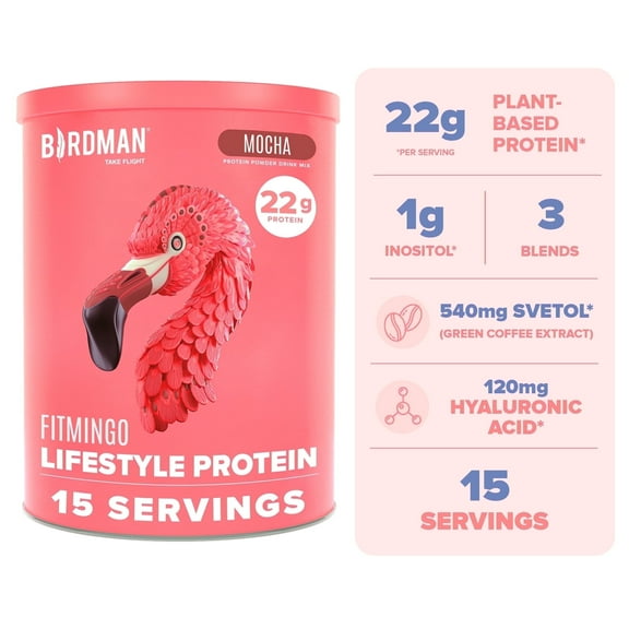 BIRDMAN Fitmingo Vegan Protein Powder with Inositol, 3 Blends, Mocha, 15 Servings, 1.12lb