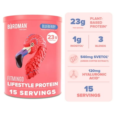 BIRDMAN Fitmingo Vegan Protein Powder with Inositol, 3 Blends, Blueberry, 15 Servings, 1.12lb