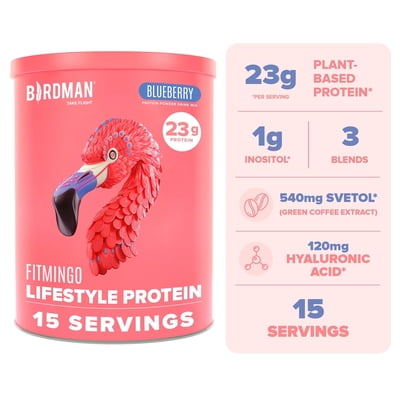 BIRDMAN Fitmingo Vegan Protein Powder with Inositol, 3 Blends, Blueberry, 15 Servings, 1.12lb