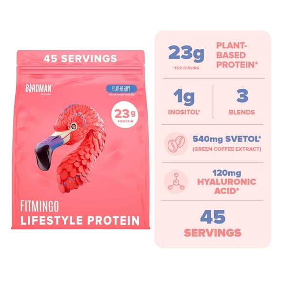 BIRDMAN Fitmingo Vegan Protein Powder with Inositol, 3 Blends, Blueberry, 45 Servings, 3.3lb
