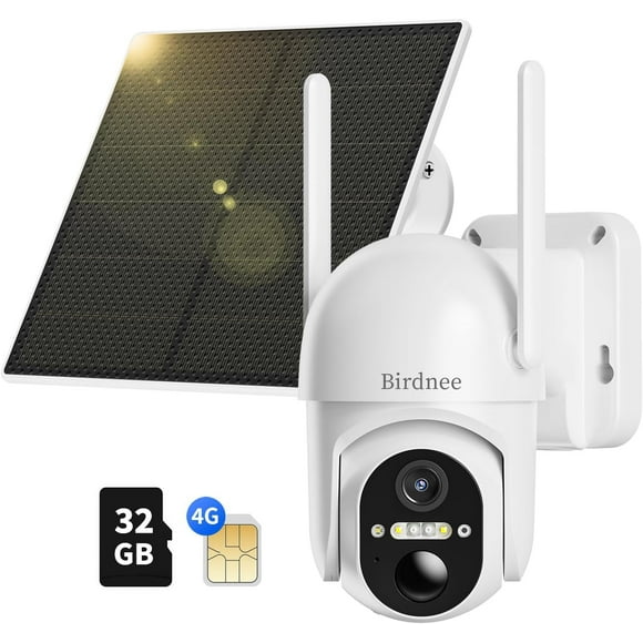 Birdnee 4G LTE Solar Security Camera, 2K Wireless Outdoor, 360 Live View, Color Night Vision, Includes SIM & Memory Card, No WiFi Needed, Verizon/AT&T/T-Mobile Compatible
