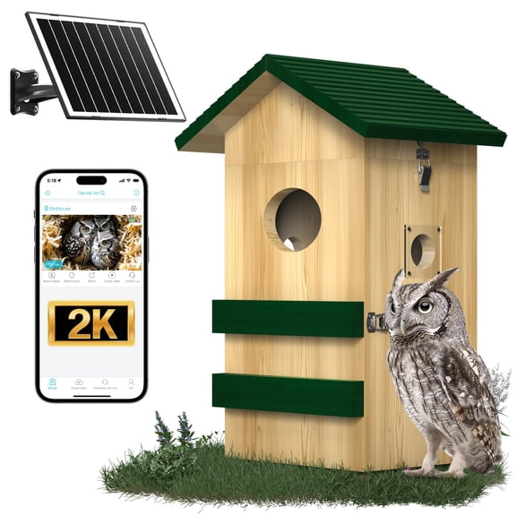 BirdoorKam Owl Box with Camera Solar Powered,Large Pinewood Owls Nesting Box for Screech owl,4G Cellular,2K HD,Instant Alerts,Night Vision,APP Control,Nest Box for OutsideNOT WiFi