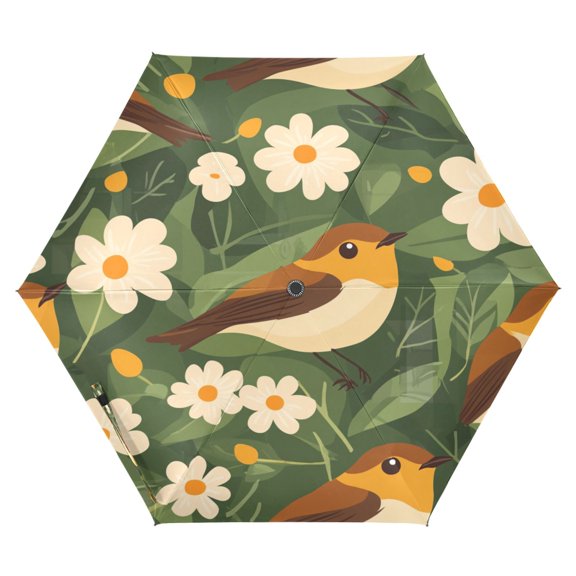 Birds Among Flowers Folding Umbrella UV50+ Waterproof Sun Protection Auto Open Close Compact Fiberglass Frame