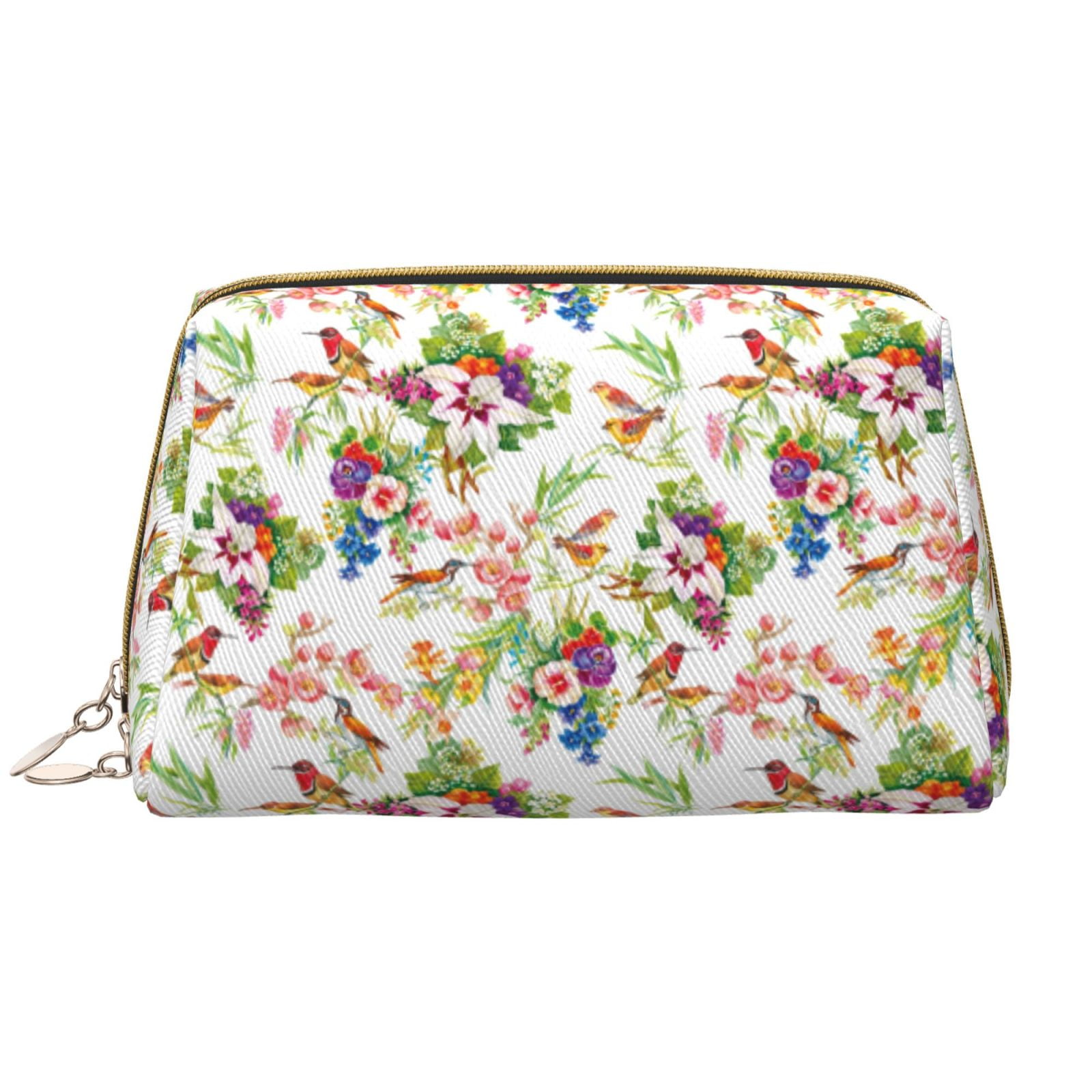 Birds And Flowers Travel Makeup Bag Makeup Pouch, Leather Travel