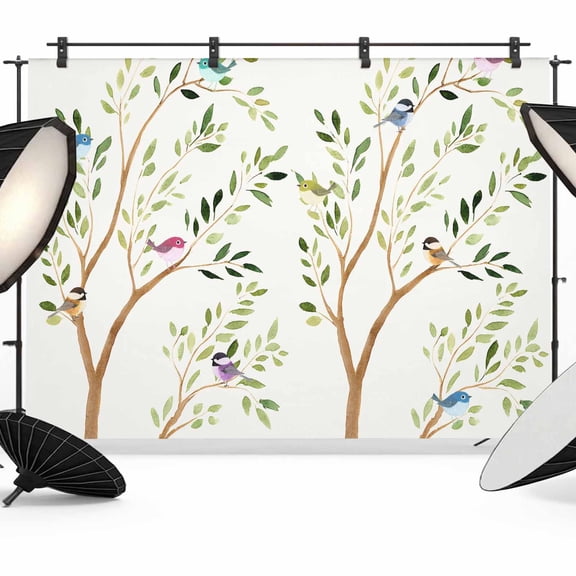 Birds Backdrop for Photography,Fabric Photo Background Backdrop,Spring Branch Leaves Animals Country Pastoral Photo Booth Background for Portrait Photoshoot Video Wedding Studio Decor Banner 12x8ft