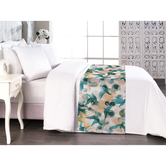 Birds Bed Runner, Watercolor Art of Flying Swallow Silhouettes and Big Little Dots, Decorative Accent Bedding Scarf for Hotels Homes & Guest Rooms, Queen, Petrol Blue Almond and Peach, by Ambesonne