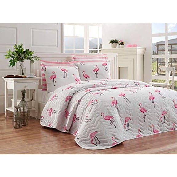 Birds Bedding, Flamingo Birds Themed Full/Queen Size Bedspread/Coverlet Set, Girls Bedding, 3 Pieces, Pink
