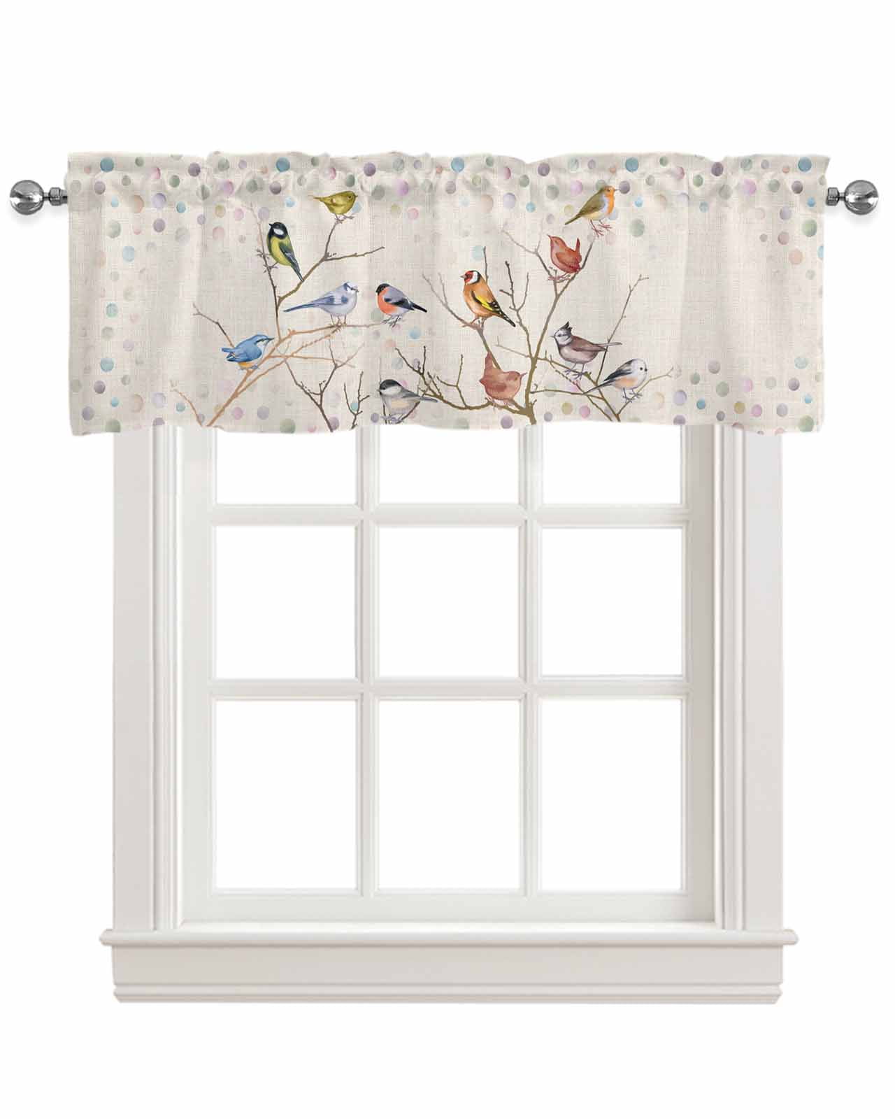 Birds Beige Linen Curtain Valance for Bedroom/Bathroom/Kitchen/Office/Living/Dining Room Window,Boho Vintage Tree Branch Bohemia Ombre Dots Pocket Topper Drapes Decorative Cafe Drapery Panel 42"x18"