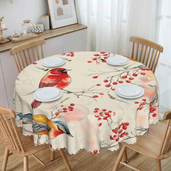 Birds Berries Branches Winter Round Tablecloth Waterproof Oil Proof Spill Proof Table Cloth 70" for Camping, Dining, Indoor and Outdoor Table Cover
