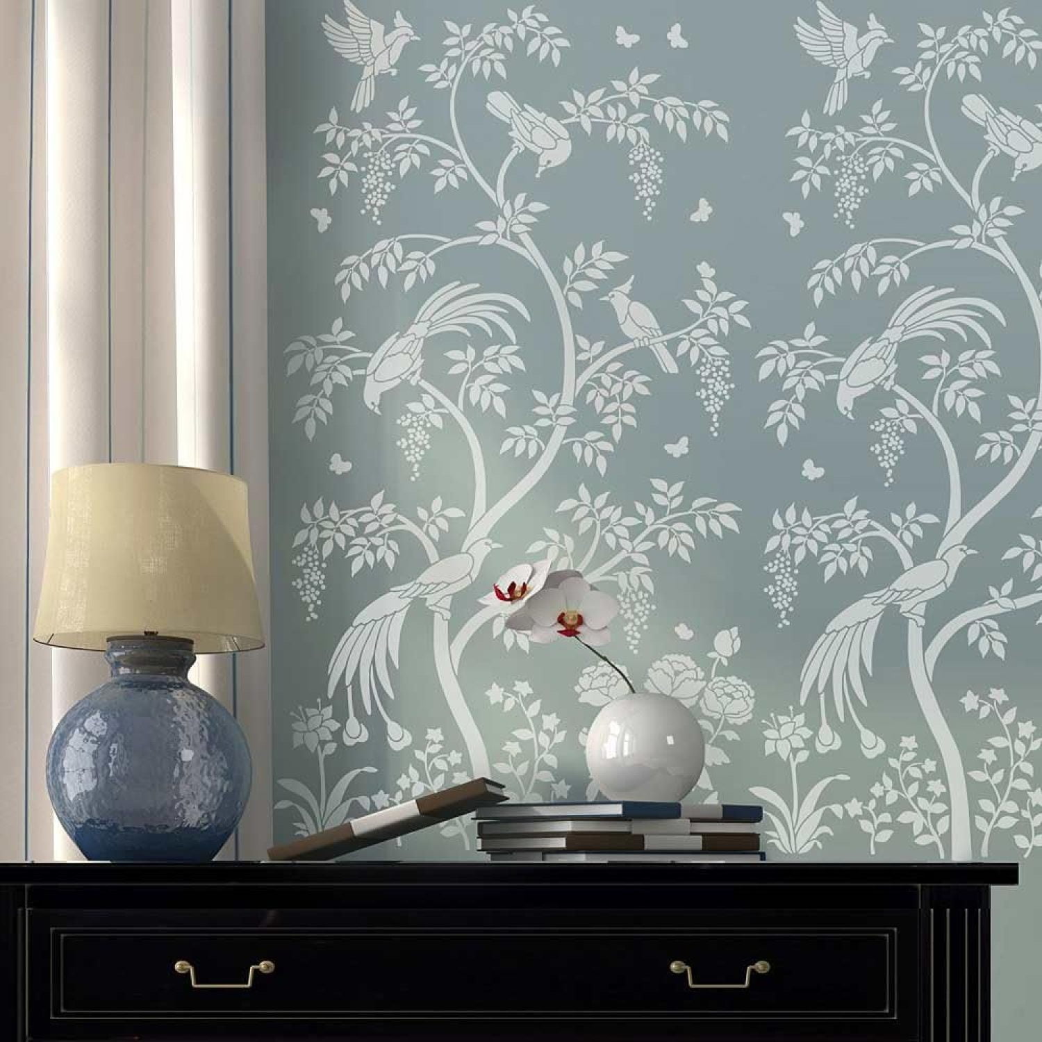Birds and Berries Chinoiserie Wall Mural Stencil - Wall Painting ...