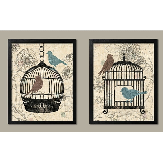 Birds & Blooms; Two Beautiful Blue and Brown Classic Botanical Birdcage and Bird Set; Two 11x14in Black Framed Prints; Ready to hang!