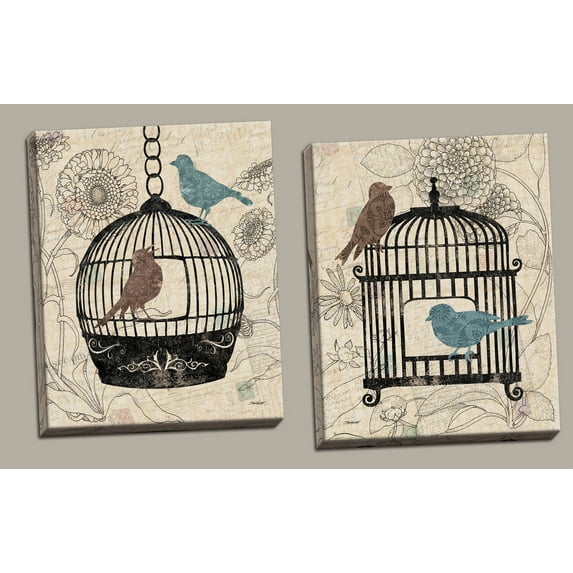 Birds & Blooms; Two Beautiful Blue and Brown Classic Botanical Birdcage and Bird Set; Two 16x20in Canvases