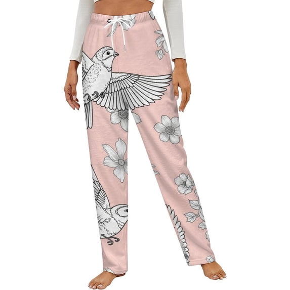 Birds & Blossoms Pattern Winter Female Pants Flannel High Waist Women Pants Lady Warm Straight Leg Plush Trousers