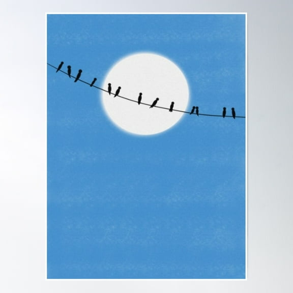 Birds, Blue Sky And Moon Light . Poster Wall Art, Modern Wall Decor, 8x12 UNFRAMED