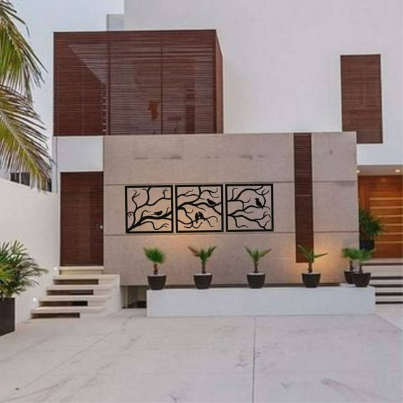 Birds on Branch 3 Panels Metal Wall Art for Home and Outside - Wall-Mounted Geometric Metal Wall Art - Drop Shadow 3D Effect Wall Decoration for Living Room Bedroom