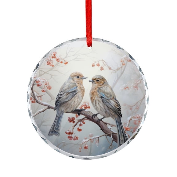 Birds on Branch Christmas Glass Christmas Ornament Xmas Tree Decorations Merry Christmas Winter Watercolor Birds Snowflake Snowy Day Round Christmas Ornament