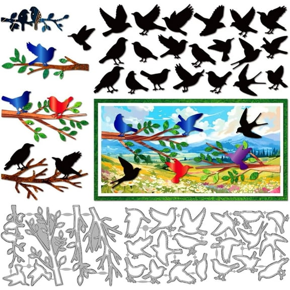 Birds Branch Cutting Dies Animal Nature Metal Die Cuts Template Tree Leaves Dove Embossing Carbon Steel Stencils Flying Birds Metal Template for Card Making Scrapbooking Album Decoration
