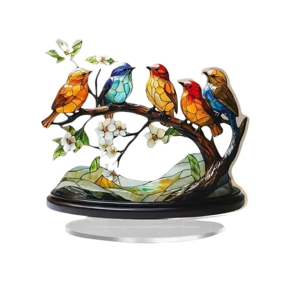 Birds on a Branch Desktop Decorations - 5 Piece Acrylic Bird Figurines Set, Stained Glass Style Double Sided Tabletop Ornaments for Window, Home, Office Decor, Gift for Bird Lovers