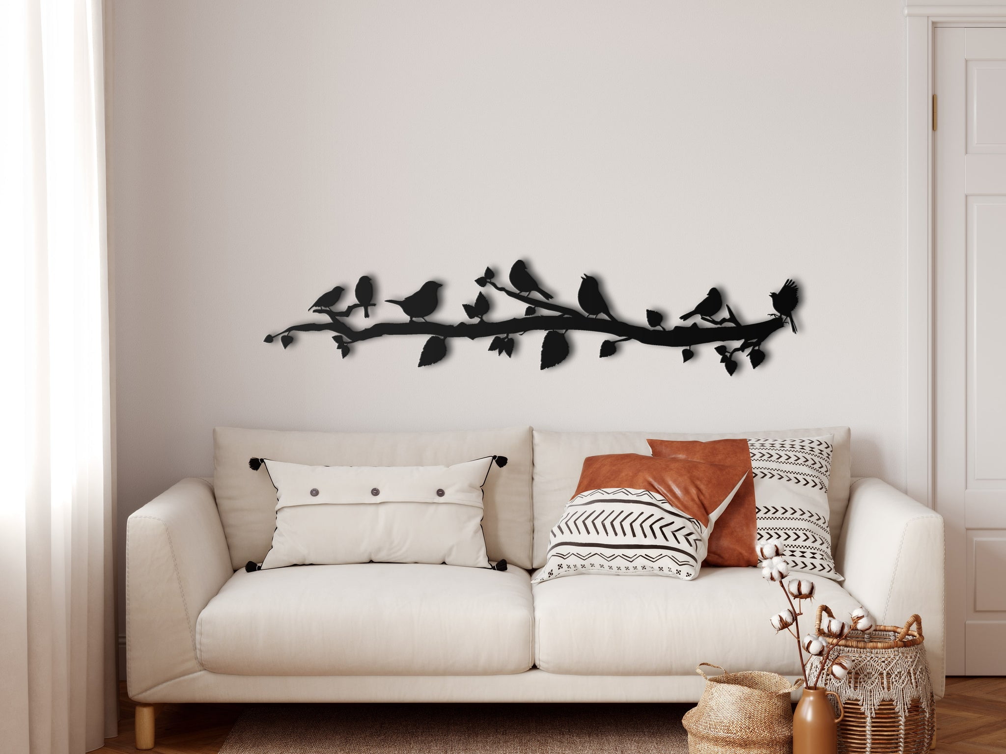 Black Metal Birds on Branch Wall Sculpture, 47 x 10 inches
