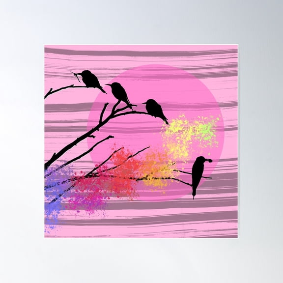 Birds On A Branch - Pink Sunset With Rainbow Splash- Throw Pillows & Prints. Poster Wall Art, Modern Wall Decor For Living Room Bedroom, 24x24 UNFRAMED