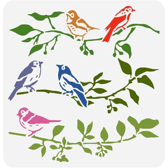 Birds On Branch Stencil 11.8x11.8 inch Bird Stencils for Painting Plastic Bird Branch Berry Patterns Stencil Plants Border Stencil Reusable DIY Art Craft Stencils for Home Wall DecorMixed Color