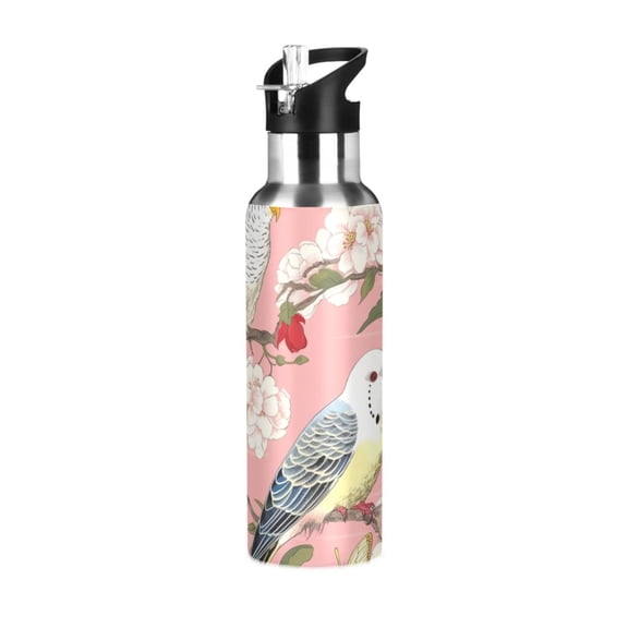 Birds Butterflies Flowers Sports Water Bottle with Straw Lid Insulated Stainless Steel Leak Proof BPA Free Thermal Mug with Handle for Gym Yoga Cycling Camping