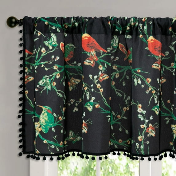 Birds & Butterflies Printing Curtain Valances, Rod Pocket Boho Short Drapes for Kitchen, Pom Pom Tasseled Small Window Treatment for Bathroom, 52 x 18, 1 Piece
