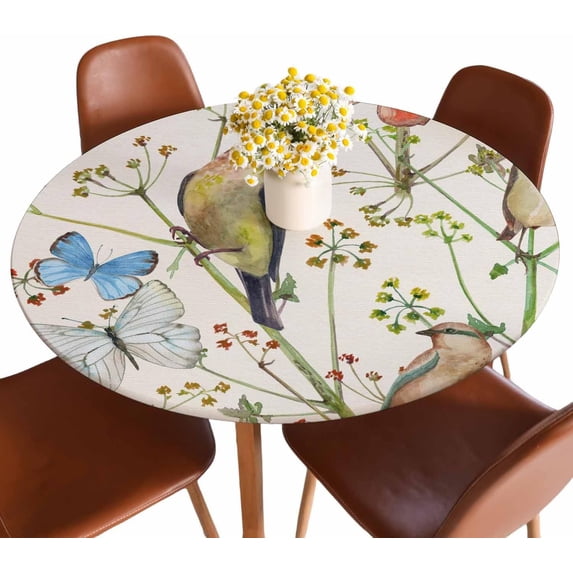 Birds and Butterflies Round Tablecloth Retro Natural Tree Branch Flower Watercolor Painting Fitted Table Cover Washable Tablecloths for Kitchen Dining Party 44 inch