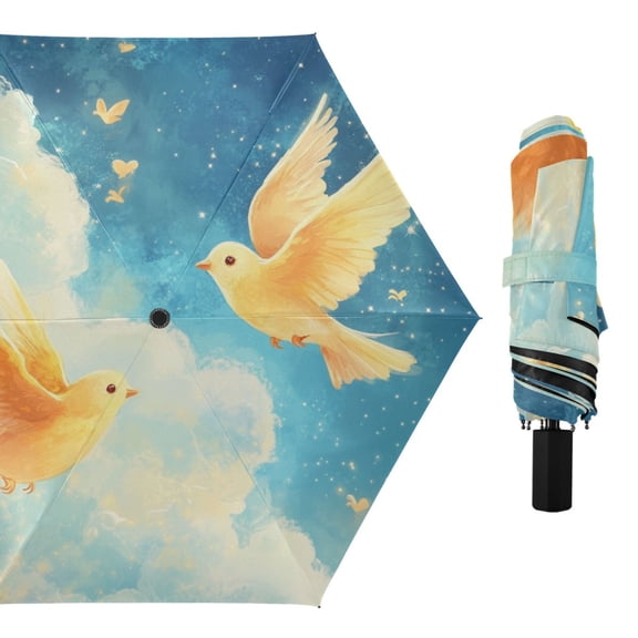 Birds Butterflies Stars in Clouds All Weather Umbrella Triple Folding Parasol 6 Ribs UV Protection Portable