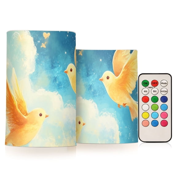 Birds Butterflies Stars in Clouds Flickering Flameless Candles LED Tealight Battery Operated with Remote Set of 2 Holiday Decor Ornaments