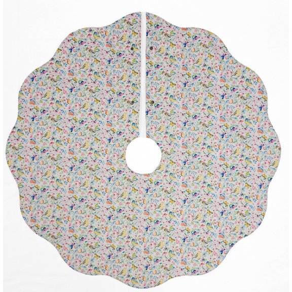 Birds & Butterflies in Blooms Christmas Tree Skirt By Penny's Needful Things (White) (Scalloped)
