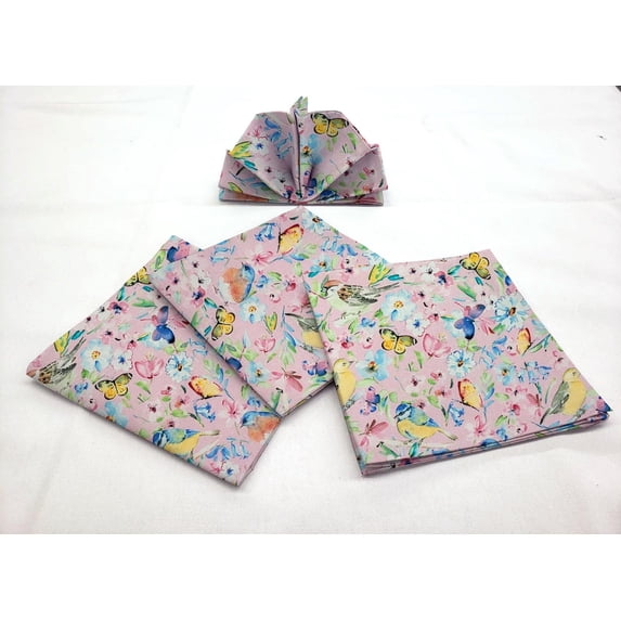 Birds & Butterflies in Blooms Cloth Napkins by Penny's Needful Things (Set of 8) (Light Pink)